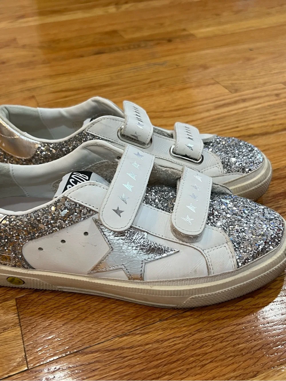Golden Goose Kids White and Silver Glitter Velcro Sneakers